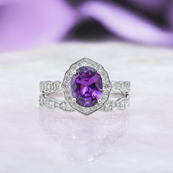 Purple Amethyst gemstone ring set, 925 Sterling Silver Size 8 - Picture 8 of 9